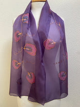 Load image into Gallery viewer, Sweet Pea Design Long Scarf : Hand Painted Silk in Pink Purple Copper
