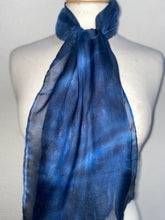 Load image into Gallery viewer, Hand Dyed Silk Neck Scarf in Dark Navy Light Blue Grey
