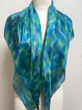Load image into Gallery viewer, Hand Dyed Square Silk Scarf in Blue Teal Turquoise Jade Green
