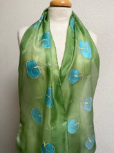 Load image into Gallery viewer, Sweet Peas Design Hand Painted Silk Neck Scarf in Apple Green Turquoise
