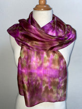 Load image into Gallery viewer, Hand Dyed Silk Neck Scarf in Brown Purple Green
