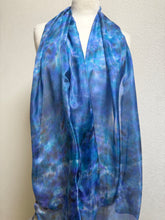 Load image into Gallery viewer, Hand Dyed Long Silk Scarf in Blue Purple Turquoise Grey by Designer Silk Artist
