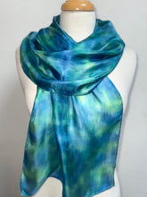 Load image into Gallery viewer, Hand Dyed Silk Neck Scarf in Teal, Apple Green, Blue by Designer Silk Artist
