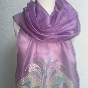 Butterfly Design X Long Silk Scarf in Orchid Pink : Hand Painted Silk