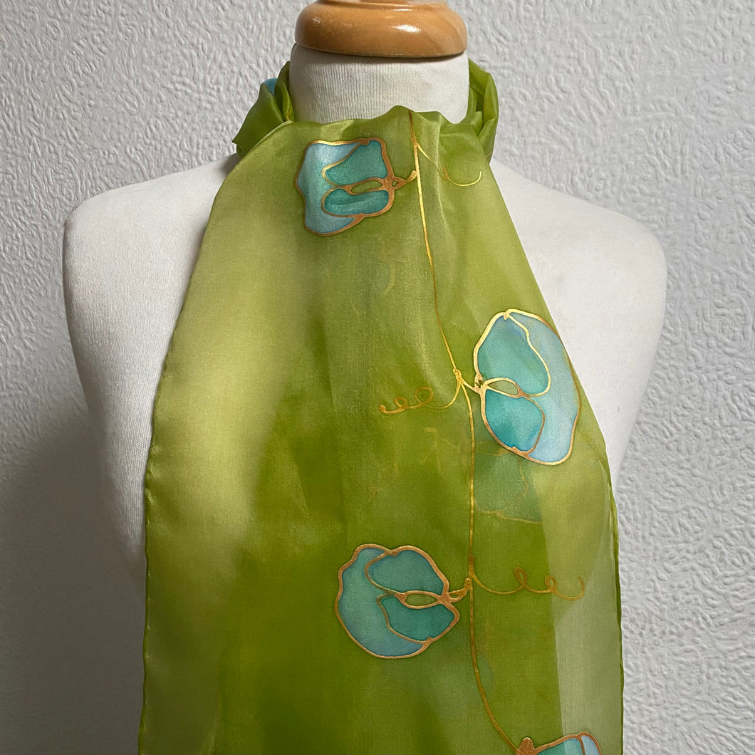 Sweet Peas Design Hand Painted Silk Neck Scarf in Lime Turquoise