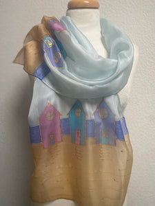 Beach Huts Long Scarf Hand Painted Silk