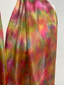 Hand Dyed Long Silk Scarf in Vibrant Pinks Gold Green Blue