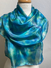 Load image into Gallery viewer, Hand Dyed Silk Neck Scarf in Aqua Jade Navy Blues
