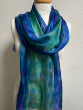 Load image into Gallery viewer, Hand Dyed Long Silk Scarf in Shades of Cobalt Navy Jade
