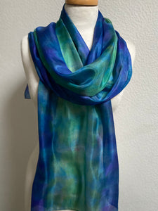 Hand Dyed Long Silk Scarf in Shades of Cobalt Navy Jade