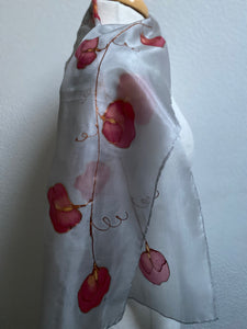 Sweet Peas Design Hand Painted Silk Neck Scarf in Pale Grey and Red