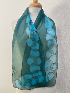 Bubbles Design Hand Painted Silk Neck Scarf in Green Teal Turquoise