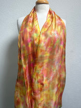 Load image into Gallery viewer, Hand Dyed Long Silk Scarf in Golden Yellow Coral Green Red by Designer Silk Artist
