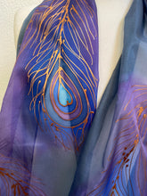 Load image into Gallery viewer, Peacock Feathers Design X Long Silk Scarf in Navy Blue Purple : Hand Painted Silk
