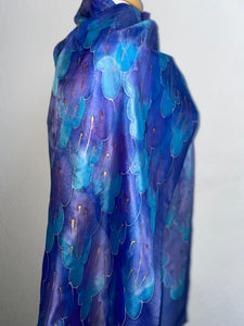 Leaves Design X Long Silk Scarf in Blues & Purple : Hand Painted Silk