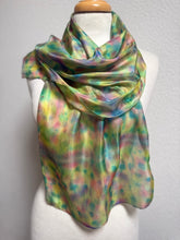 Load image into Gallery viewer, Hand Dyed Silk Neck Scarf in Cottage Garden Colours by Designer Silk Artist
