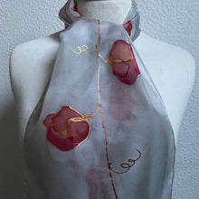 Load image into Gallery viewer, Sweet Peas Design Hand Painted Silk Neck Scarf in Pale Grey and Red

