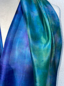 Hand Dyed Long Silk Scarf in Shades of Cobalt Navy Jade