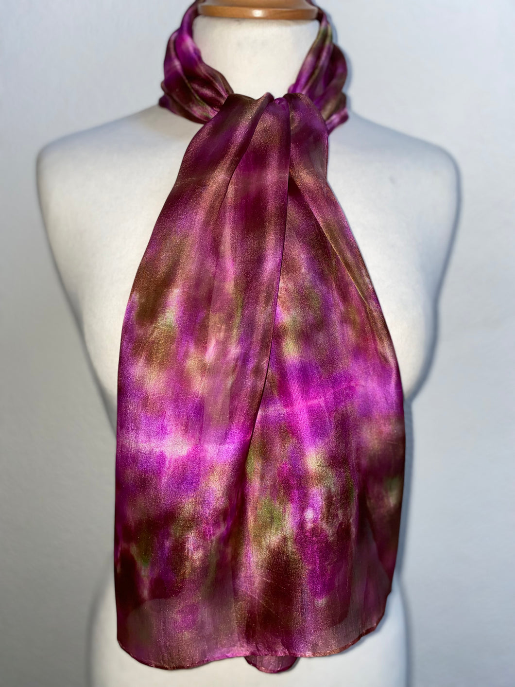 Hand Dyed Silk Neck Scarf in Brown Purple Green