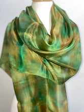 Load image into Gallery viewer, Hand Dyed Long Silk Scarf in Greens and Tan
