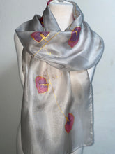 Load image into Gallery viewer, Sweet Pea Design Long Scarf : Hand Painted Silk Grey Pink Purple
