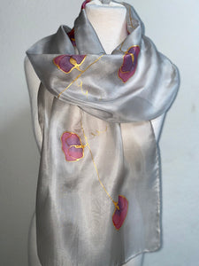 Sweet Pea Design Long Silk Scarf in Grey Pink Purple : Hand Painted Silk
