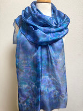 Load image into Gallery viewer, Hand Dyed Long Silk Scarf in Blue Purple Turquoise Grey by Designer Silk Artist
