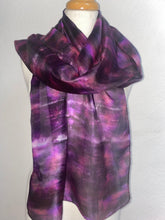 Load image into Gallery viewer, Hand Dyed Long Silk Scarf in Purple Black Pink
