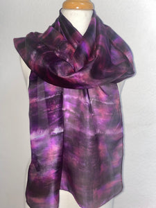 Hand Dyed Long Silk Scarf in Purple Black Pink