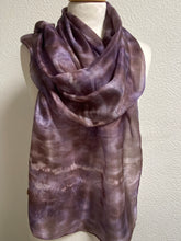 Load image into Gallery viewer, Hand Dyed Long Silk Scarf in Smokey Grey Lilac Brown
