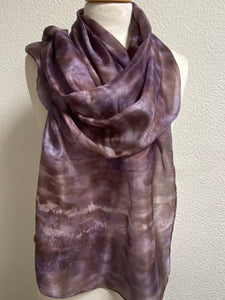 Hand Dyed Long Silk Scarf in Smokey Grey Lilac Brown