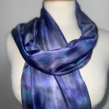 Load image into Gallery viewer, Hand Dyed Silk Small Neck Scarf in Grey Purple Turquoise by Designer Silk Artist
