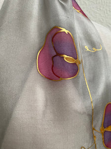 Sweet Pea Design Long Scarf : Hand Painted Silk Grey Pink Purple