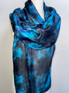 Hand Dyed Long Silk Scarf in Turquoise & Black
