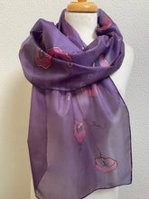 Load image into Gallery viewer, Sweet Pea Design Long Scarf : Hand Painted Silk in Pink Purple Copper
