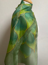Load image into Gallery viewer, Flames Design Hand Painted Silk Neck Scarf in Greens
