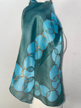 Load image into Gallery viewer, Bubbles Design Hand Painted Silk Neck Scarf in Green Teal Turquoise
