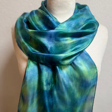 Load image into Gallery viewer, Hand Dyed Silk Neck Scarf in Teal, Apple Green, Blue by Designer Silk Artist
