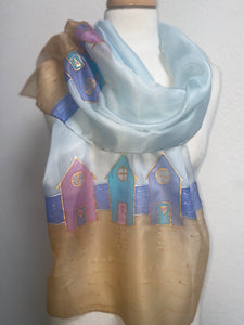 Beach Huts Long Scarf Hand Painted Silk