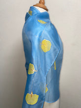 Load image into Gallery viewer, Sweet Peas Design Hand Painted Silk Neck Scarf in Light Blue, Yellow
