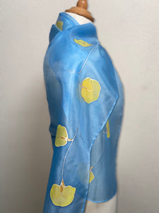 Sweet Peas Design Hand Painted Silk Neck Scarf in Light Blue, Yellow