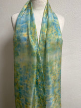 Load image into Gallery viewer, Hand Dyed Long Silk Scarf in Shades of Aqua Blue Green Gold
