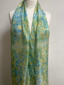 Hand Dyed Long Silk Scarf in Shades of Aqua Blue Green Gold