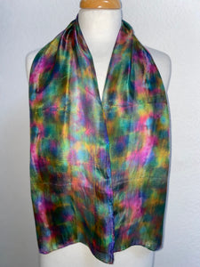 Hand Dyed Silk Neck Scarf in Multi Green Pink Red Gold
