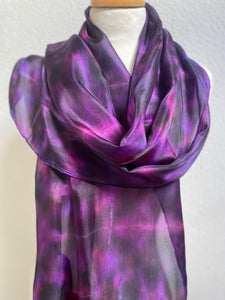 Hand Dyed Long Silk Scarf in Shades of Pink Purple Black