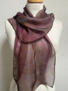 Hand Dyed Silk Neck Scarf in Burgundy Brown Grey