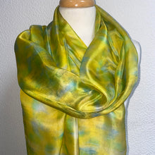 Load image into Gallery viewer, Hand Dyed Long Silk Scarf in Golden Yellow Lime Aqua
