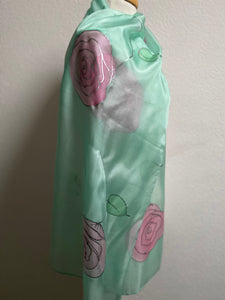 Roses Design X Long Silk Scarf in Pink & Mint : Hand Painted Silk