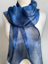 Load image into Gallery viewer, Hand Dyed Silk Neck Scarf in Dark Navy Light Blue Grey
