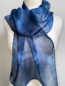 Hand Dyed Silk Neck Scarf in Dark Navy Light Blue Grey